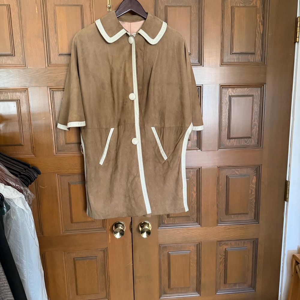 Vintage 1950’s Classic Brown Suede Coat with Cream Trim